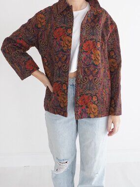 Vintage White Stag Black Maroon Floral Paisley Tapestry Button Front Jacket L